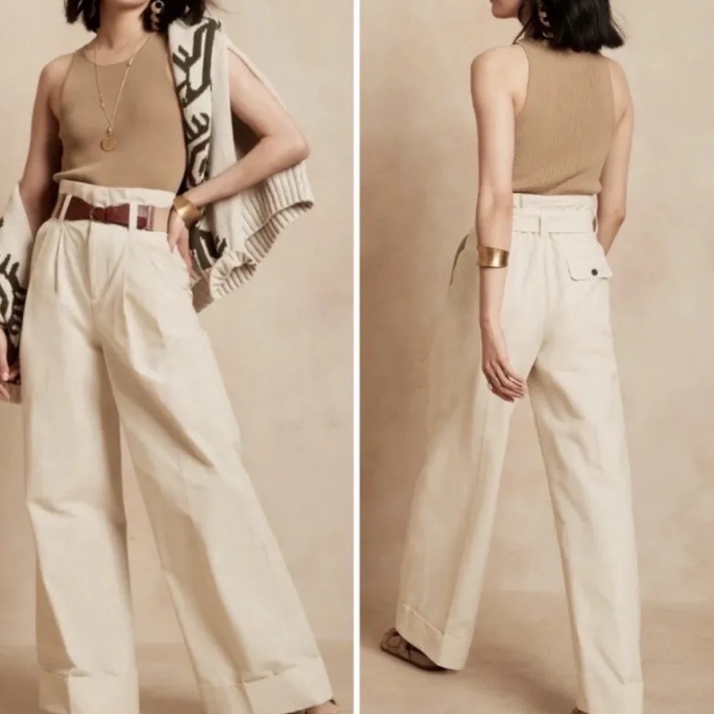 BANANA REPUBLIC CREAM PAPER-BAG WAIST WIDE LEG CUFFED SLACKS WOMEN’s 4 NWOT